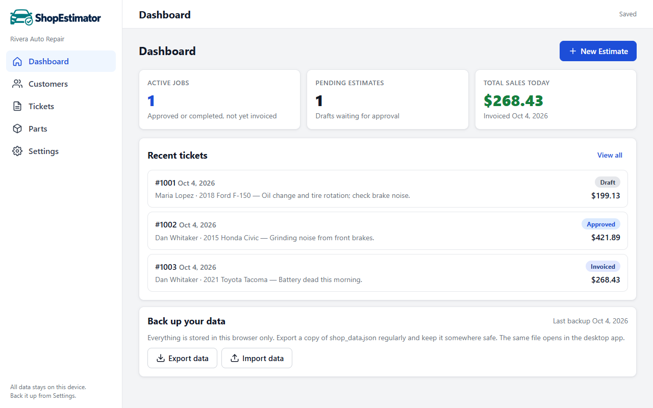 The dashboard with active jobs, pending estimates, sales today and recent tickets