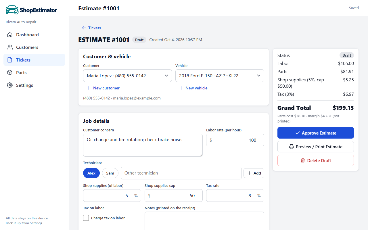 An estimate being written: customer and vehicle, job details, technicians, and live totals on the right