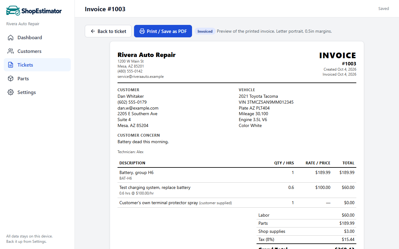 A printable invoice with shop details, customer, vehicle, line items and totals