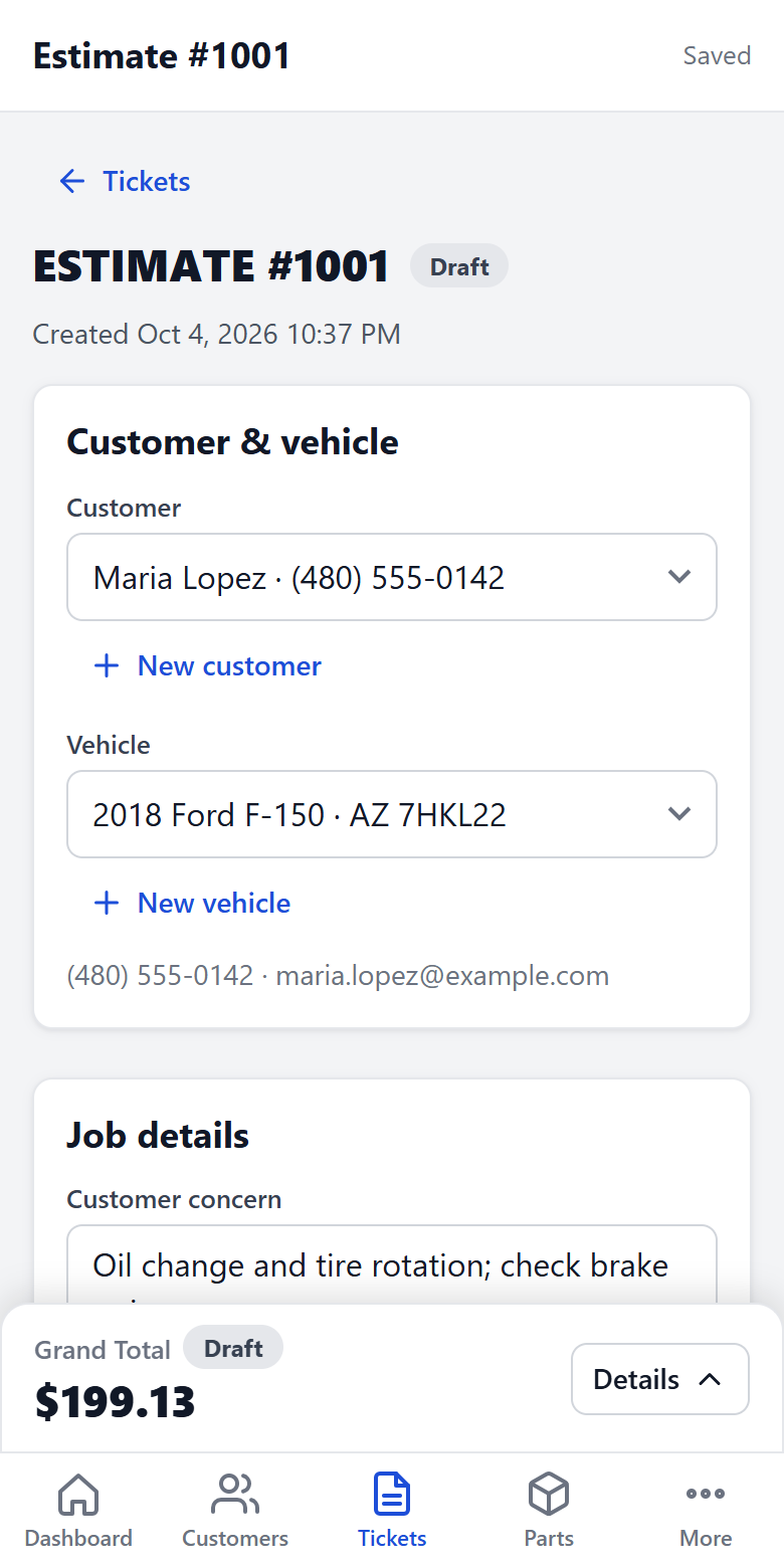 The same estimate on a phone, with the grand total pinned at the bottom