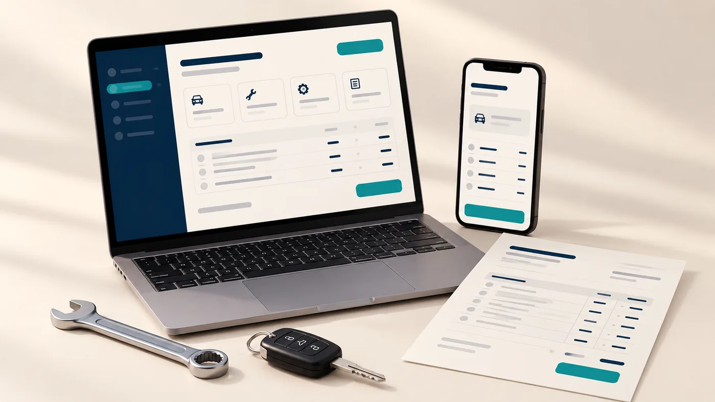 Illustration of a laptop, a phone and a printed invoice beside a wrench and a car key